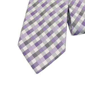 Geoffrey Beene Silk Blend Tie Mens 59” Lavender Silver Gingham Plaid Classic New